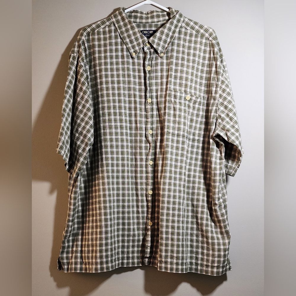 Vintage Men’s Cherokee Green Plaid Short Sleeve Button-Up Shirt 2XL 100% Cotton